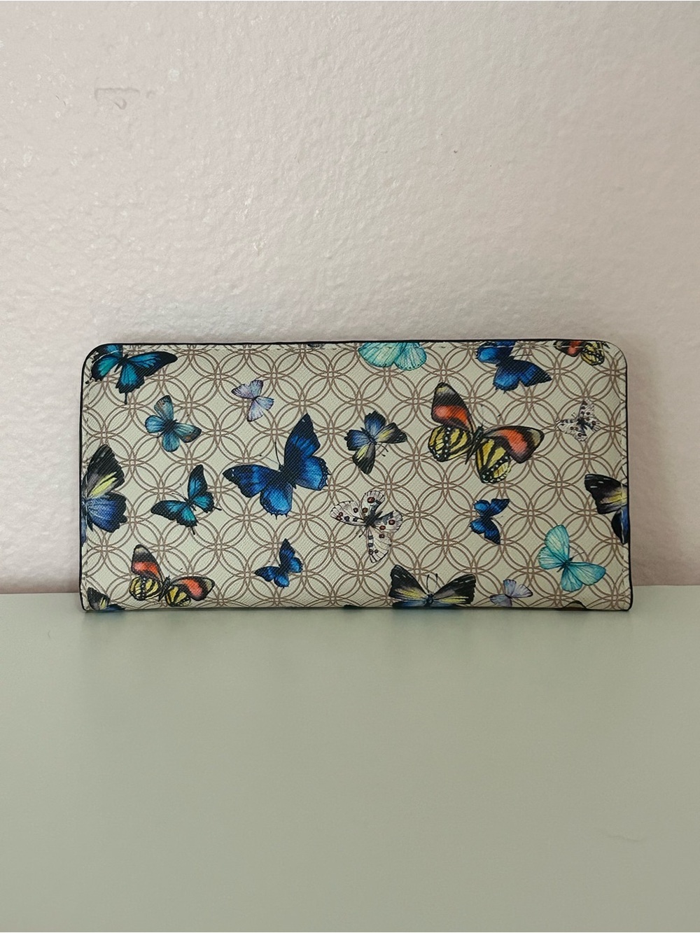 Cream Butterfly Geometric Print Zip-Around Continental Wallet Multi-Card Clutch